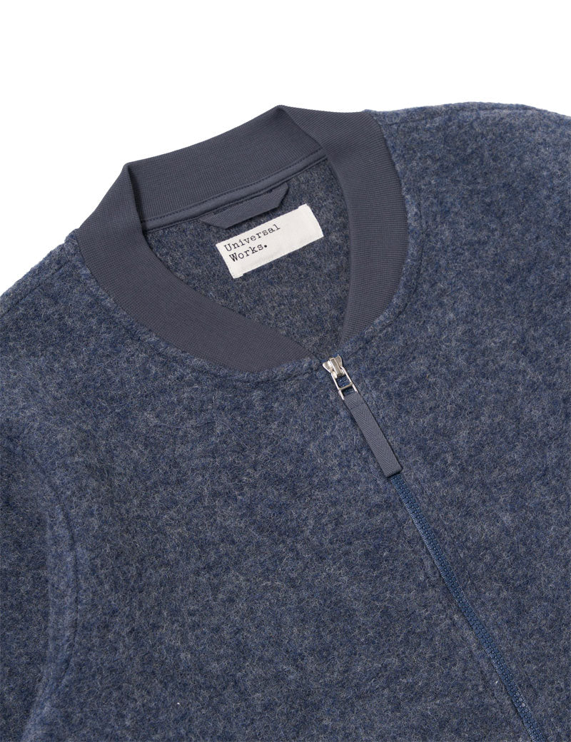 Universal Works Zip Bomber Jacket Slate Blue Wool Fleece