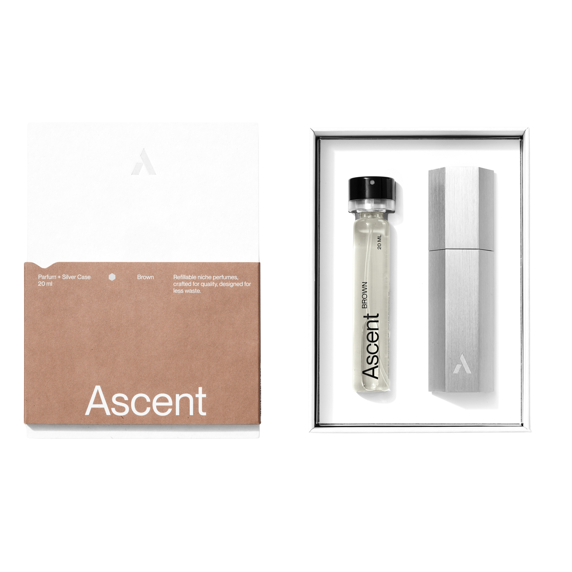 Ascent Brown Parfum Starter Kit Silver Case Open Box