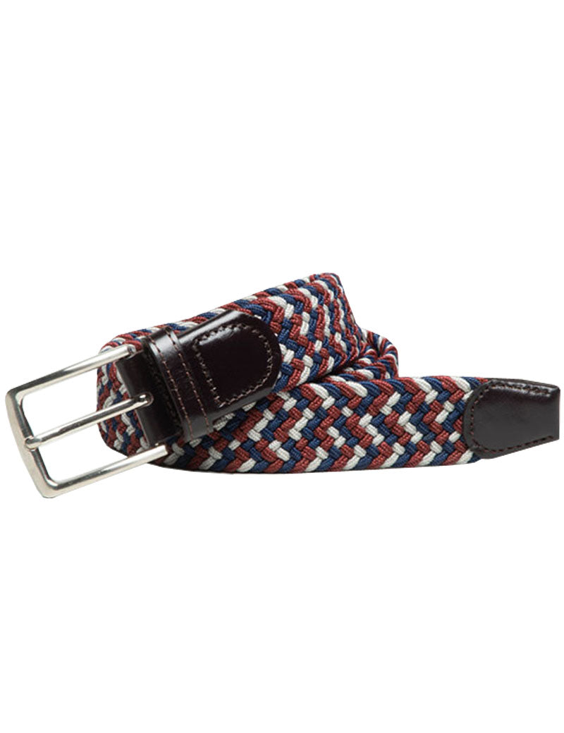 IBEX ENGLAND LEATHER ELASTIC WOVEN BELT NAVY BURGUNDY
