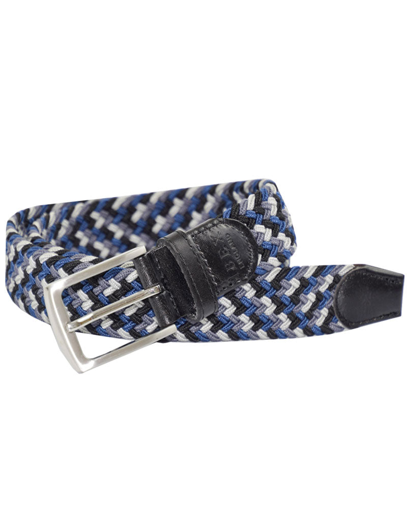 IBEX ENGLAND LEATHER ELASTIC WOVEN BELT BLACK GREY BLUE