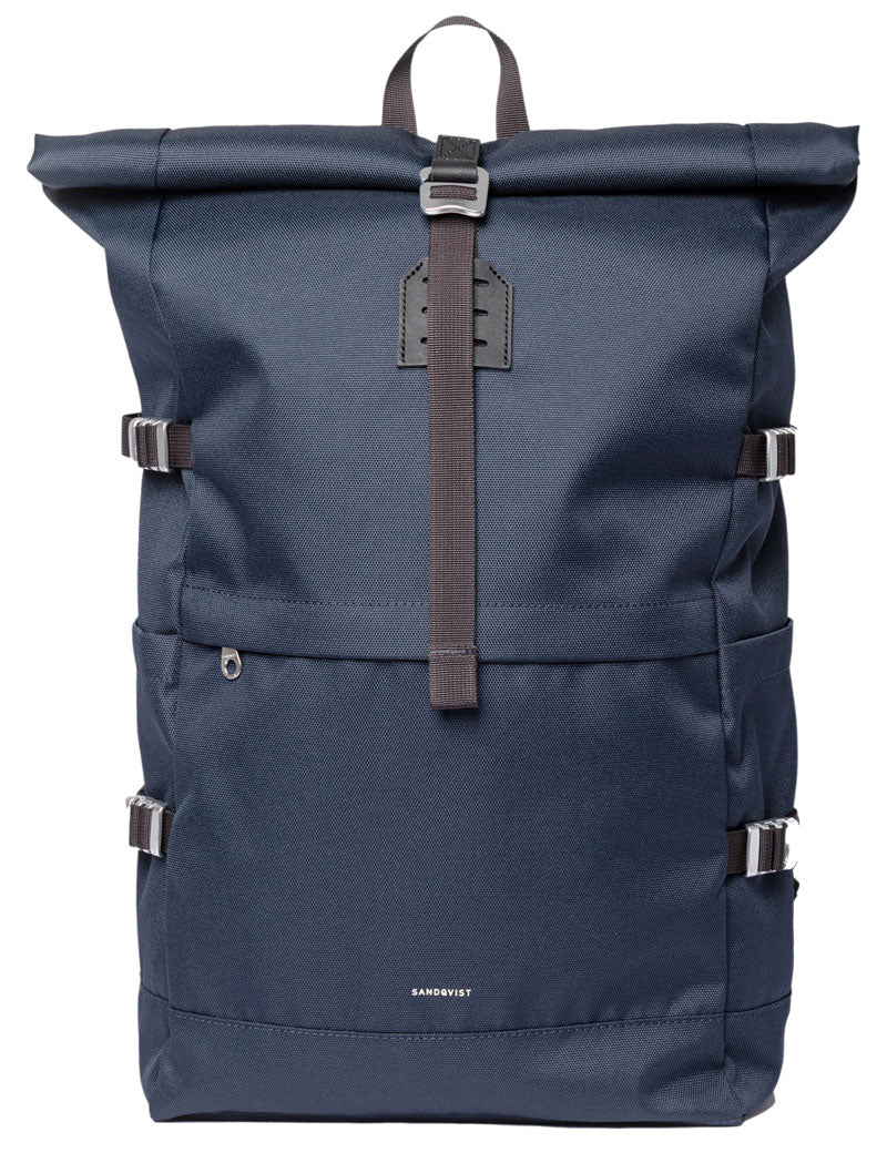 Sandqvist Icon Rolltop Backpack M Navy Multi Black Leather