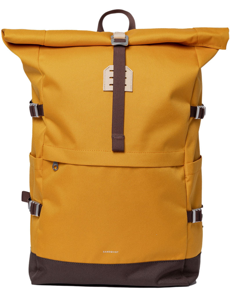 Sandqvist Icon Rolltop Backpack L Golden Yellow Natural Leather
