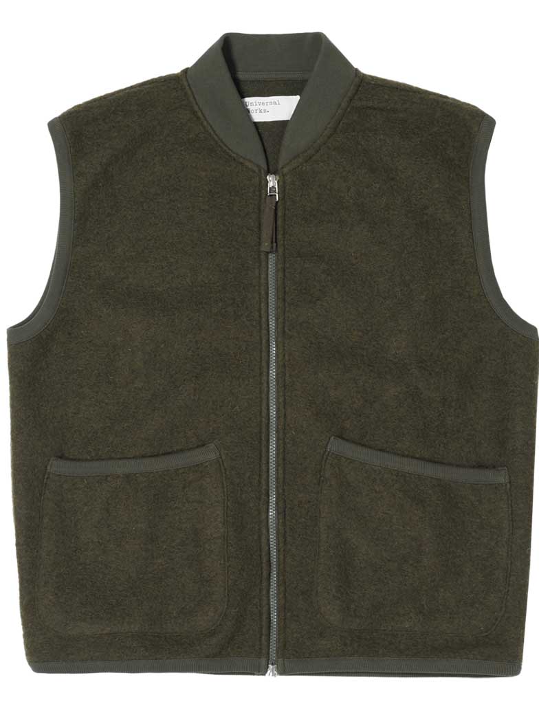 Universal Works Zip Waistcoat Olive Wool Fleece