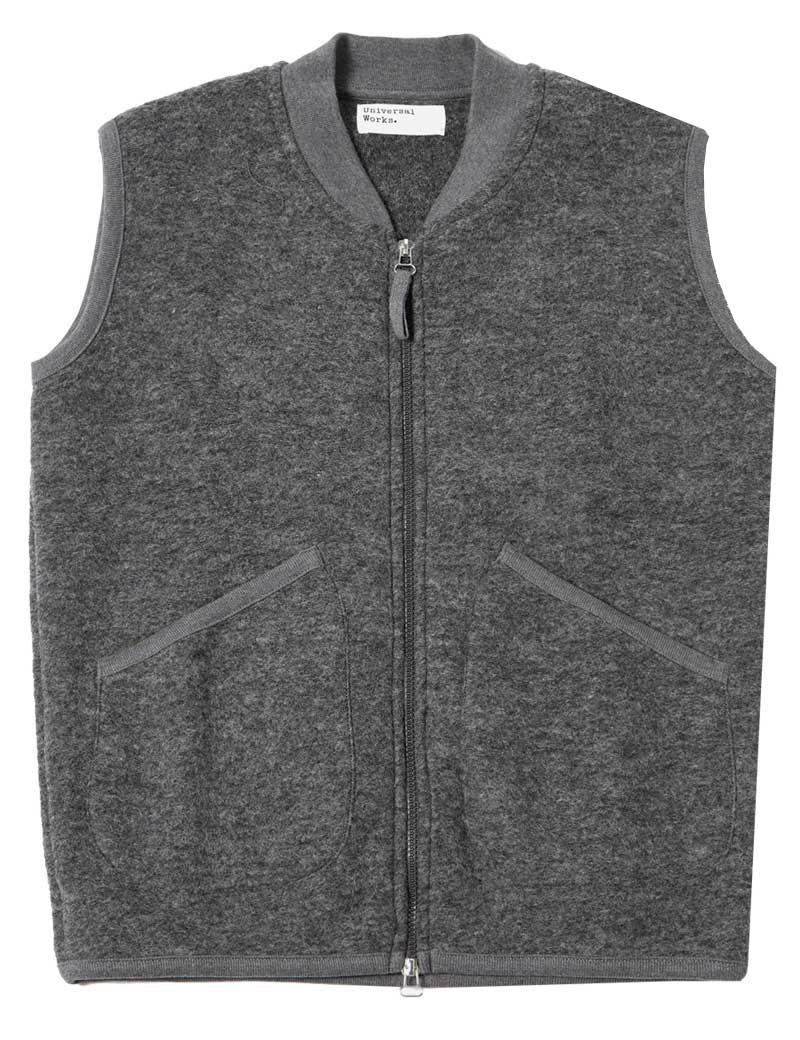 UNIVERSAL WORKS ZIP WAISTCOAT GREY MARL WOOL FLEECE