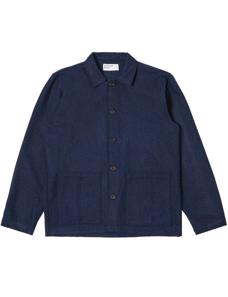 UNIVERSAL WORKS EASY OVER HERRINGBONE JACKET NAVY RECYCLED WOOL