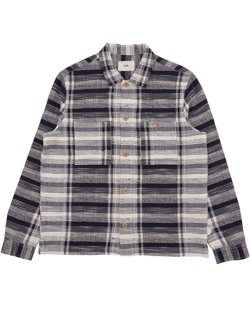 FOLK PATCH OVERSHIRT NAVY BASKET WEAVE CHECK