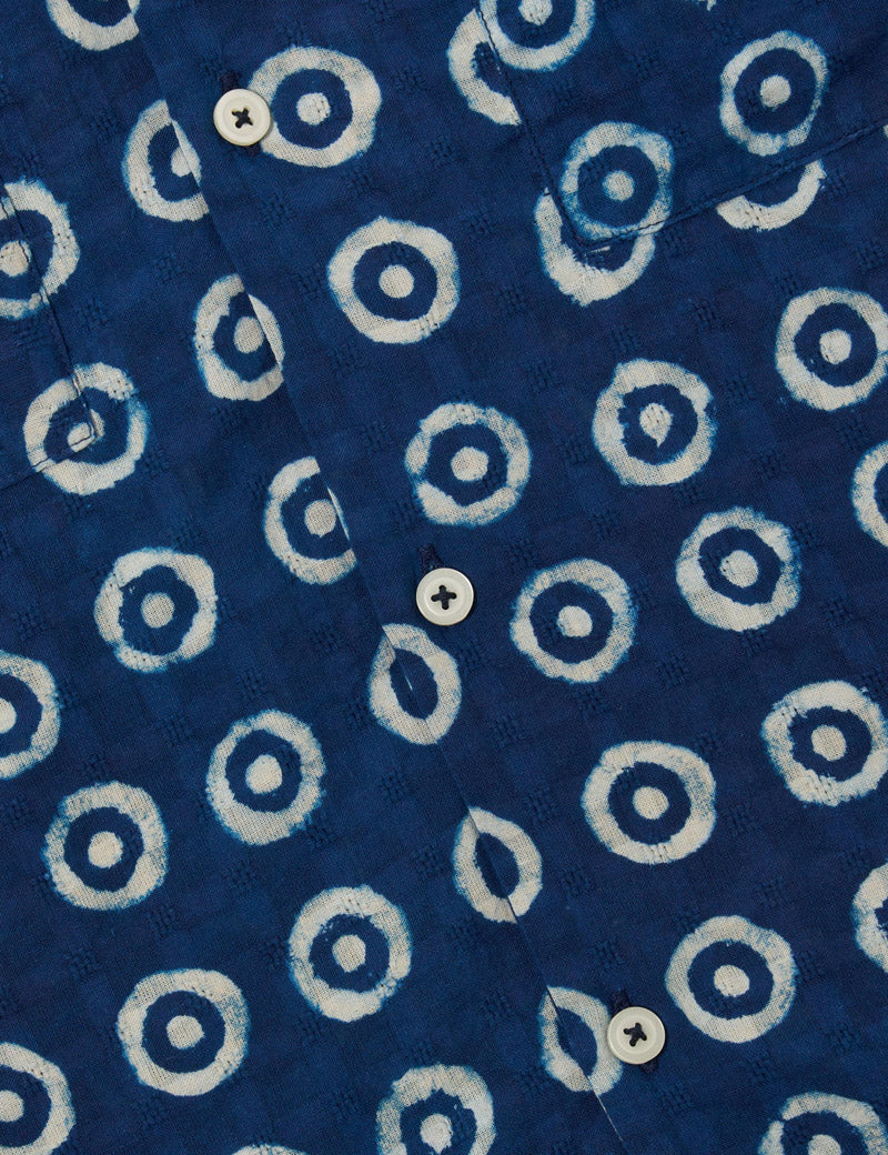 Universal Works Camper Shirt Indigo Block Print Circles Detail