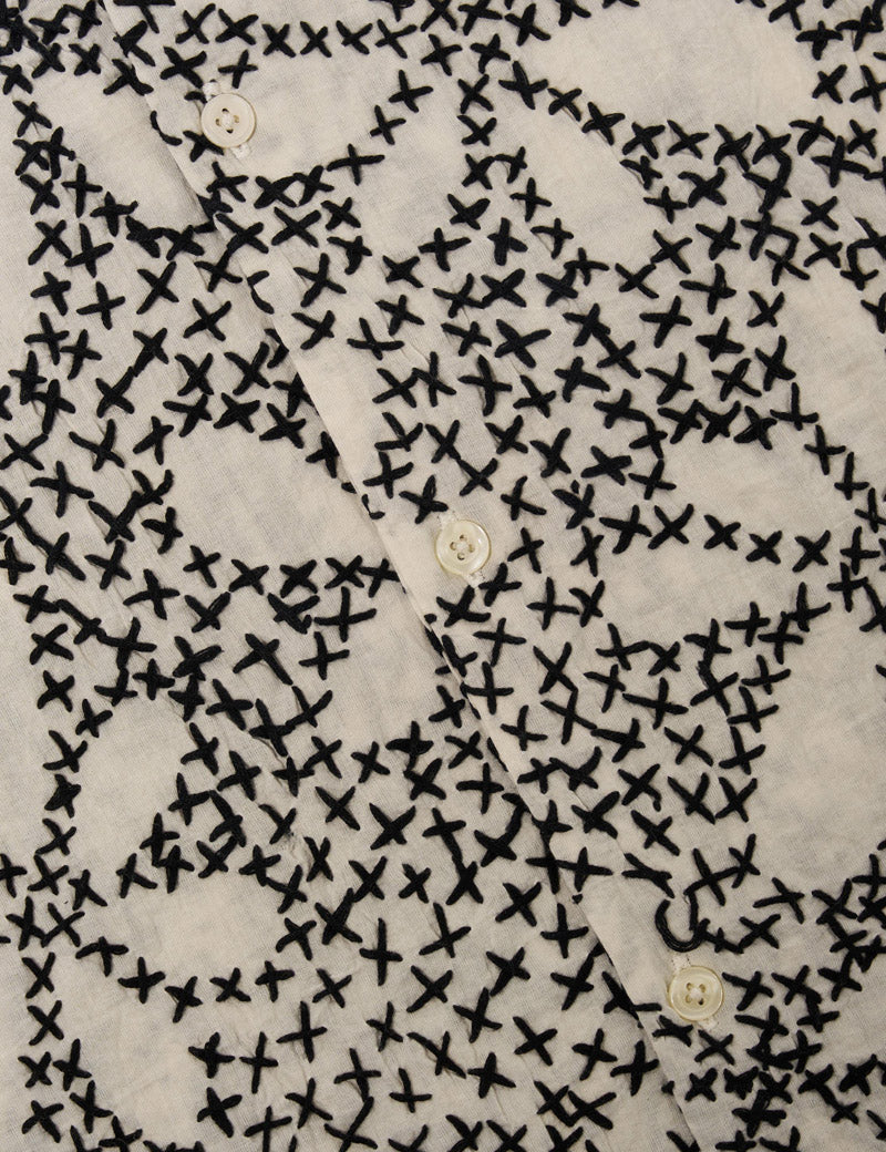 Universal Works Kantha Flower Road Shirt Ecru, Black Embroidery Detail