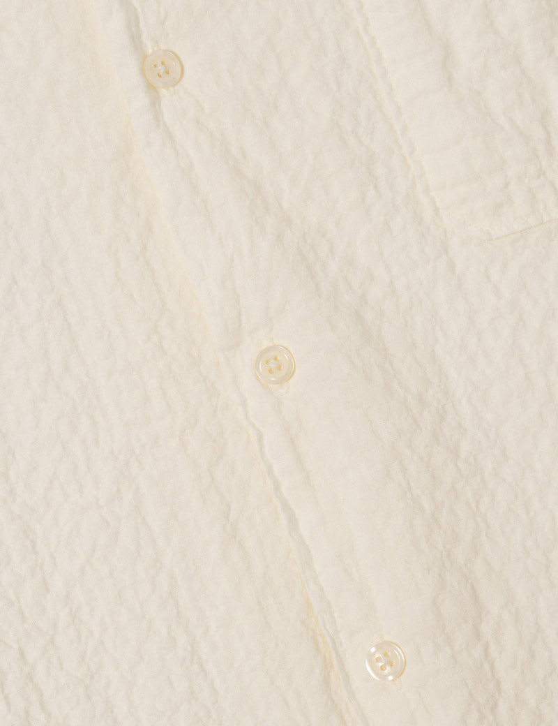 Universal Works Road Shirt Ecru Seersucker Button Detail