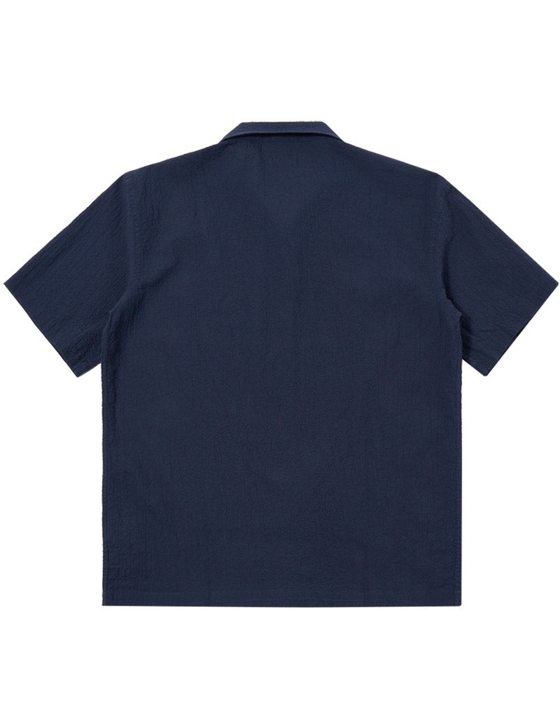 Universal Works Road Shirt Navy Seersucker Back