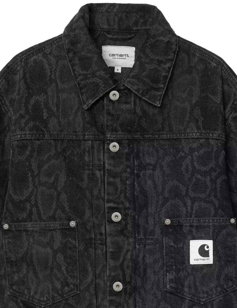 Carhartt WIP Women's Belmar Jacket Snake Camo, Black, Heavy Stone Wash Collar & Pocket Detail