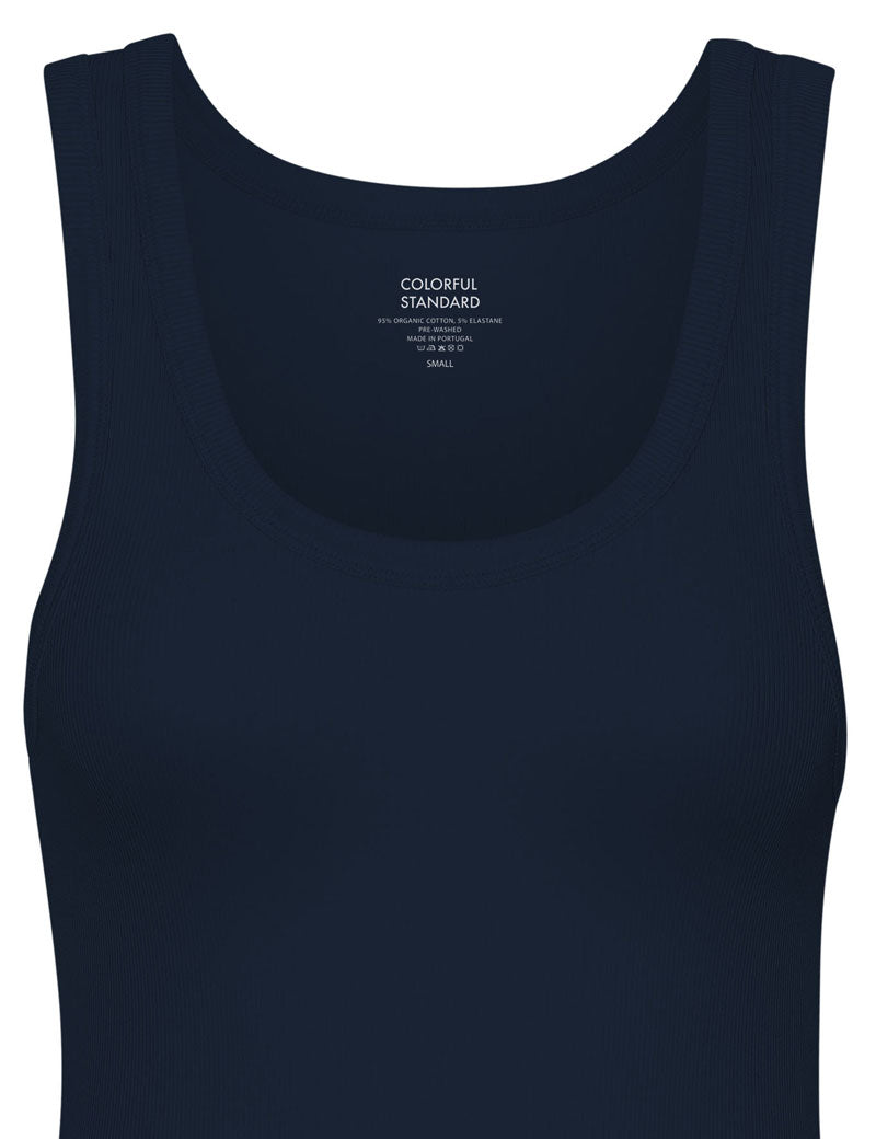 Colorful Standard Womens Organic Rib Tank Top Navy Blue Collar
