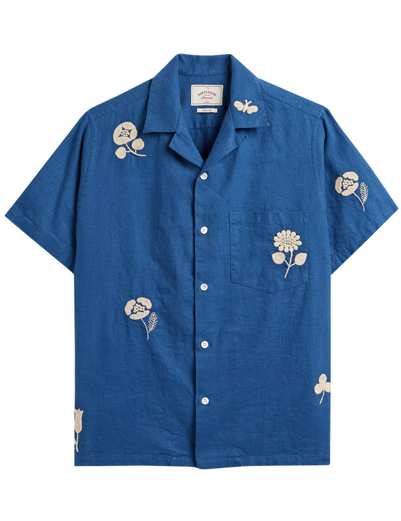 Portuguese Flannel Embroidery Nature Ramie Short Sleeved Shirt Blue