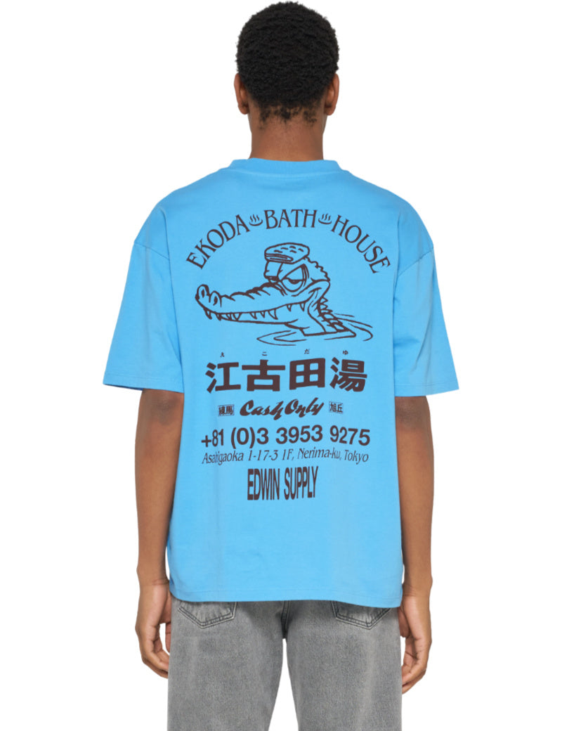 Edwin Ekoda Bath House T-Shirt Azure Blue On Model Back