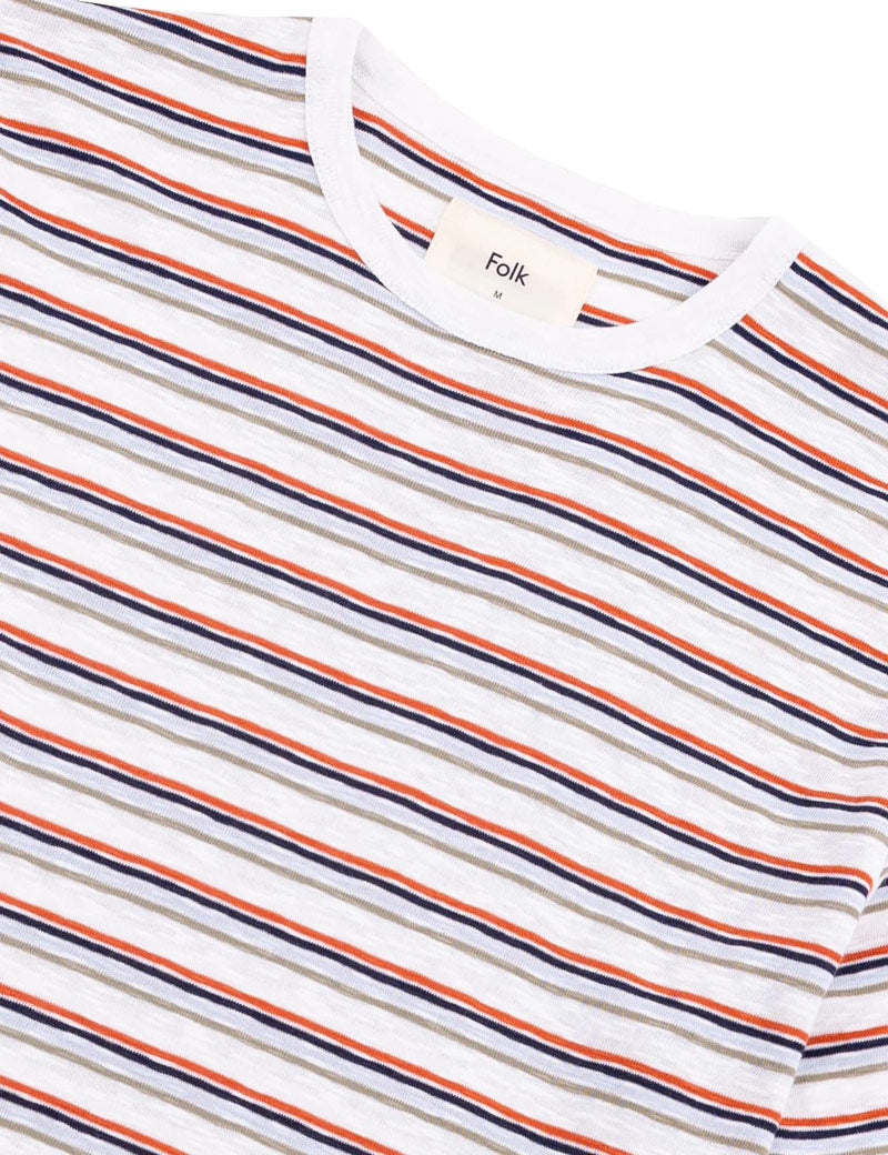 Folk Multistripe T-Shirt Ecru, Red Oxide Mix Collar Detail
