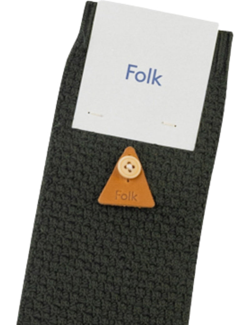 Folk Waffle Socks Dark Olive Tab Detail