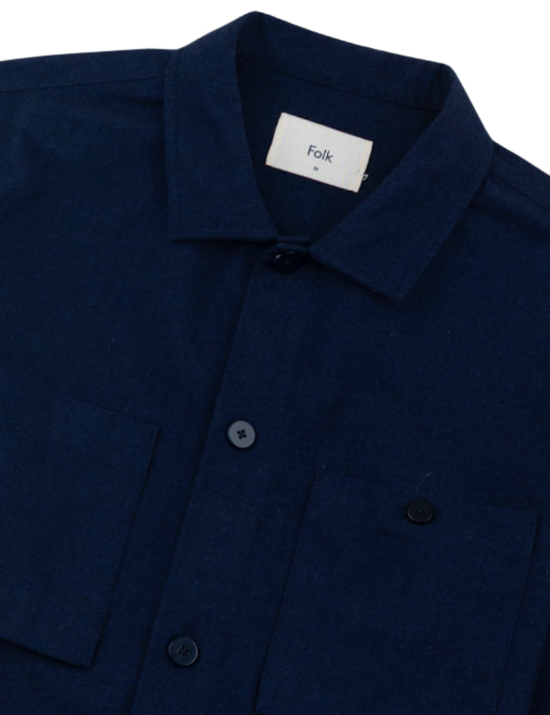 Folk Patch Overshirt Navy Lightweight Moleskin Collar Detail