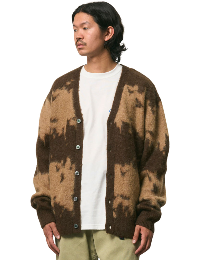 Gramicci Mohair Splatter Cardigan Taupe Front On Model Front
