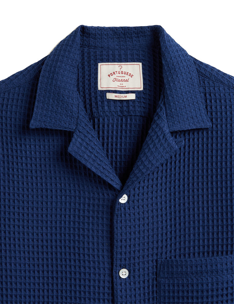 Portuguese Flannel Honey Comb Short Sleeve Shirt Blue Collar Detail