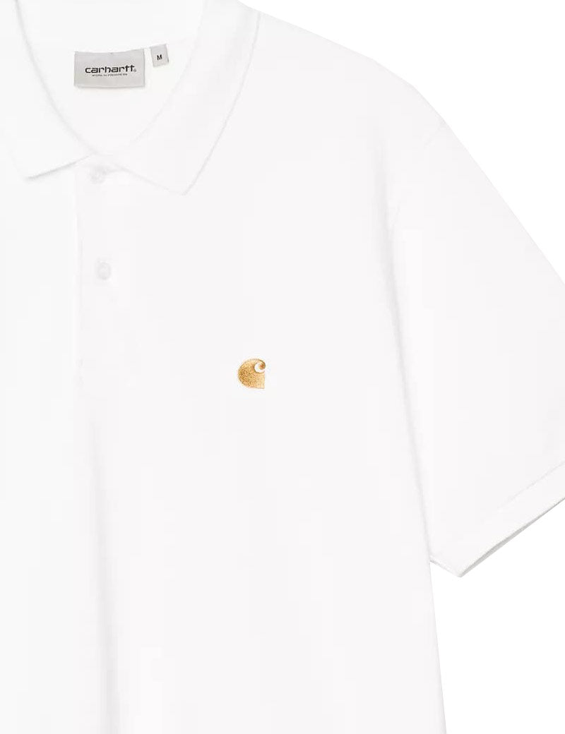 Carhartt WIP Short Sleeve Chase Pique Polo Shirt White Gold Embroidered Logo