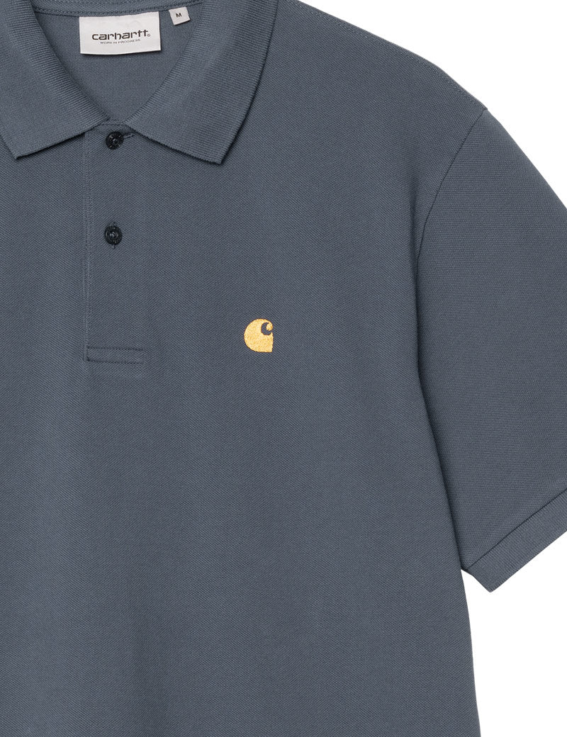 Carhartt WIP Short Sleeve Chase Pique Polo Shirt Cozy Blue Gold Detail