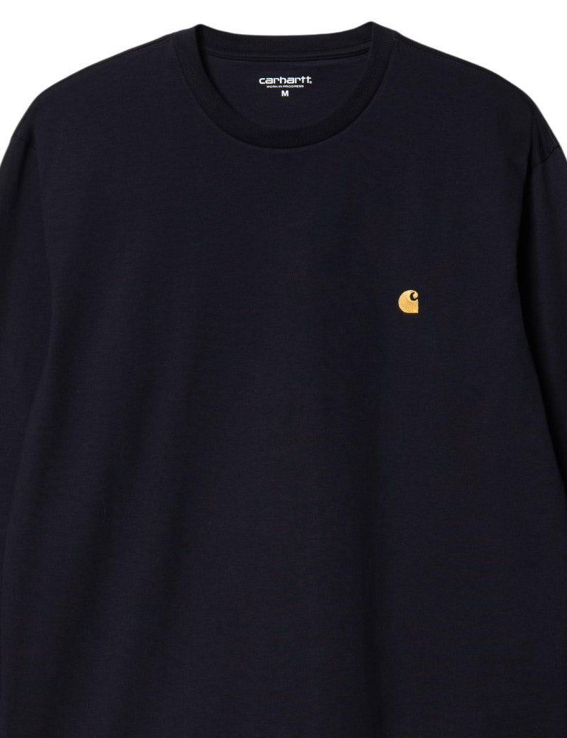 Carhartt Wip Chase Long Sleeve T-Shirt Dark Navy Embroidered Logo