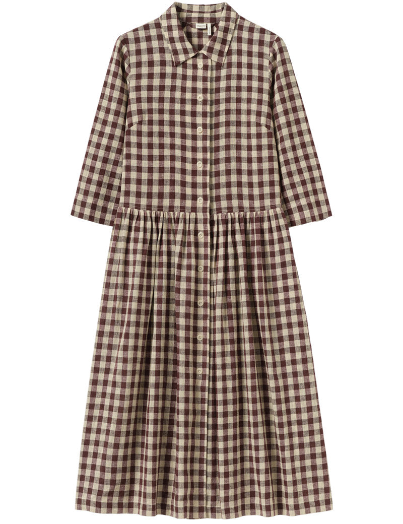 Toast Check Cotton Linen Cotton Shirt Dress Dark Chocolate Ecru Front