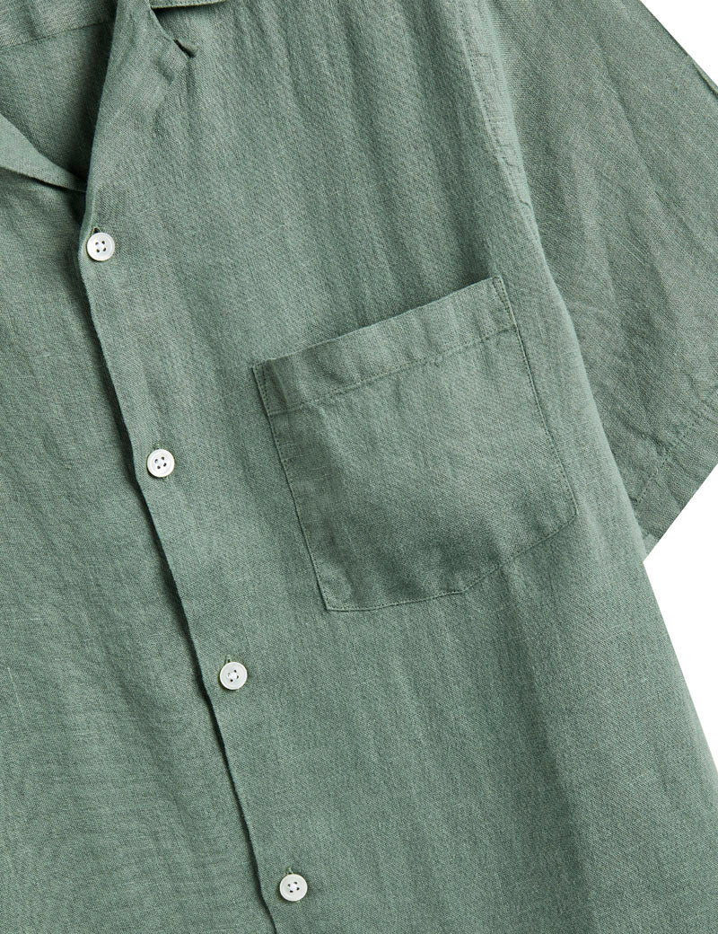 Portuguese Flannel Linen Camp Collar Short Sleeve Shirt Dry Green
