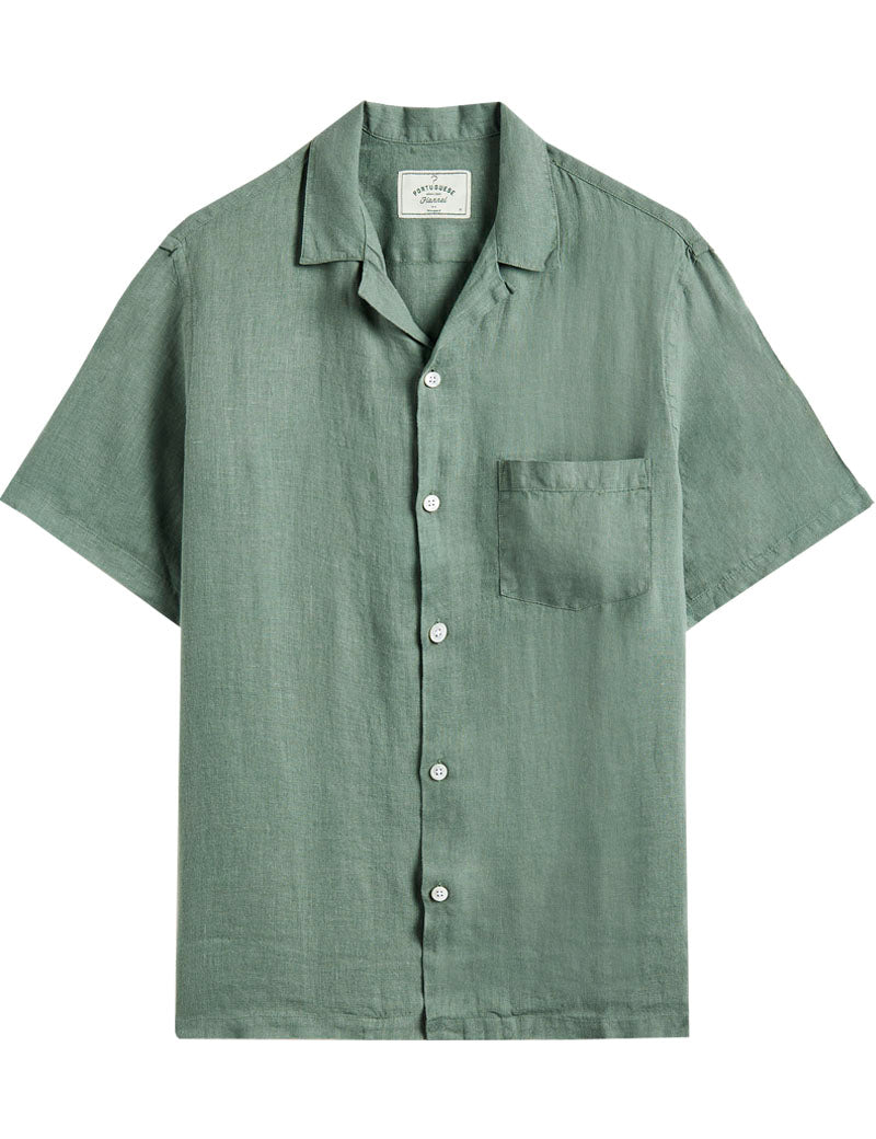 Portuguese Flannel Linen Camp Collar Short Sleeve Shirt Dry Green