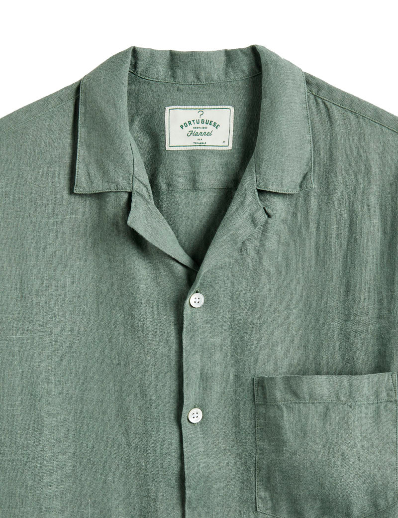 Portuguese Flannel Linen Camp Collar Short Sleeve Shirt Dry Green