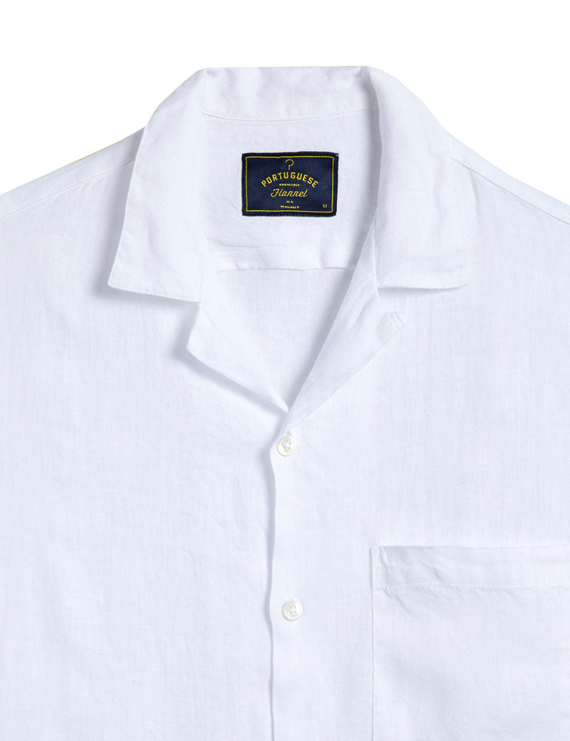 Portuguese Flannel Linen Camp Collar Short Sleeve Shirt White