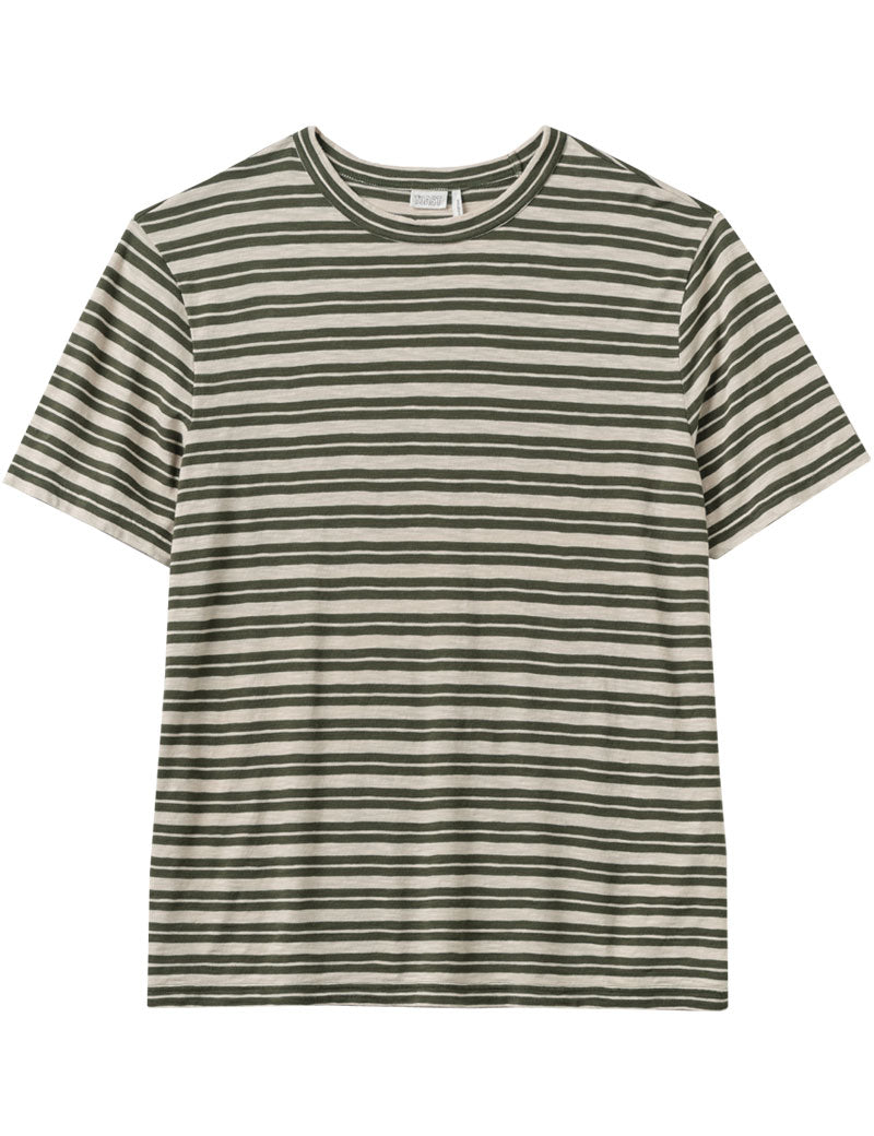 Toast Theo Cotton Stripe Short Sleeve T-Shirt Dark Olive Ecru
