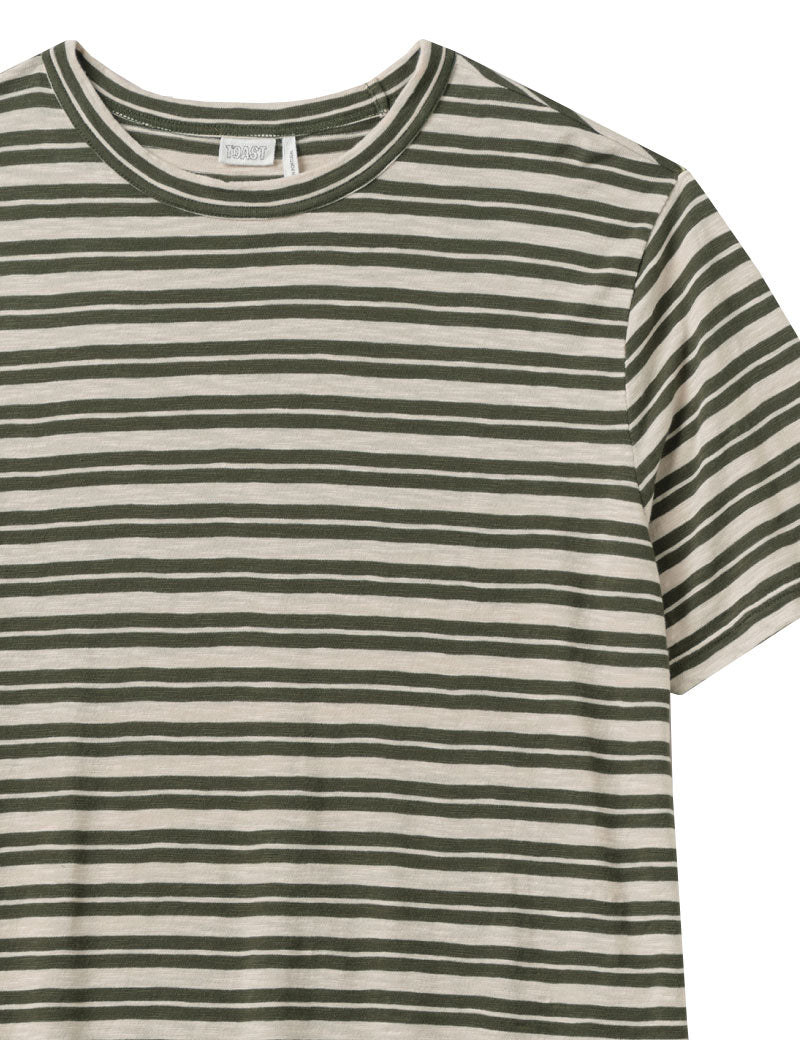 Toast Theo Cotton Stripe Short Sleeve T-Shirt Dark Olive Ecru