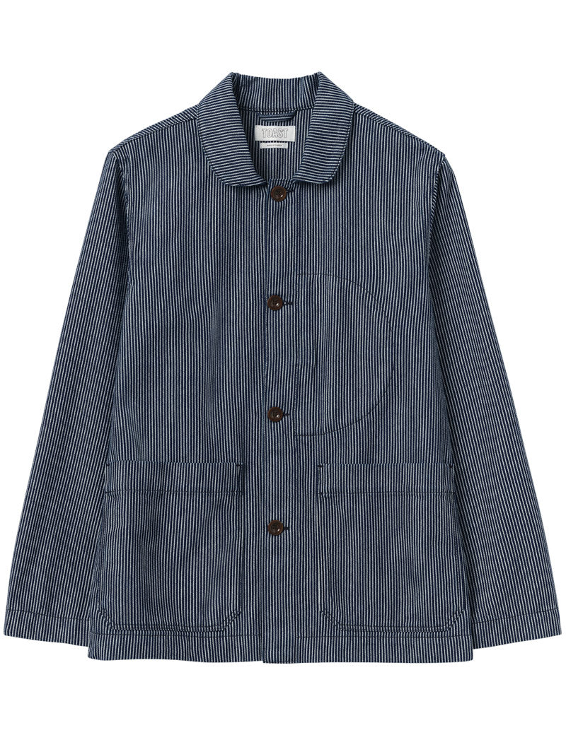 Toast Hickory Stripe Denim Chore Jacket Ecru Indigo Front