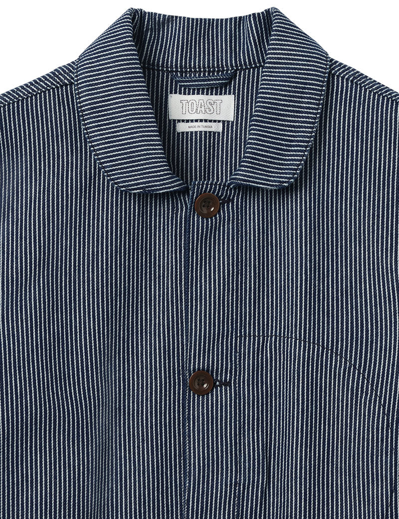 Toast Hickory Stripe Denim Chore Jacket Ecru Indigo Collar Detail
