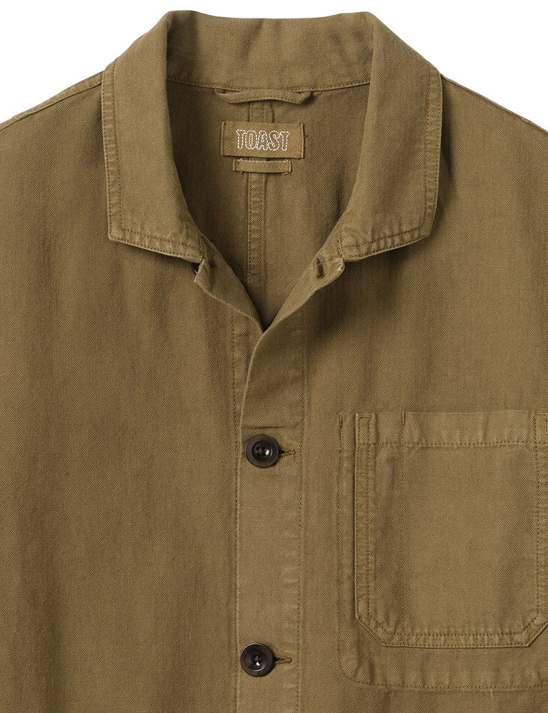 Toast Arlo Garment Dyed Herringbone Jacket Woodland Green Collar Detail