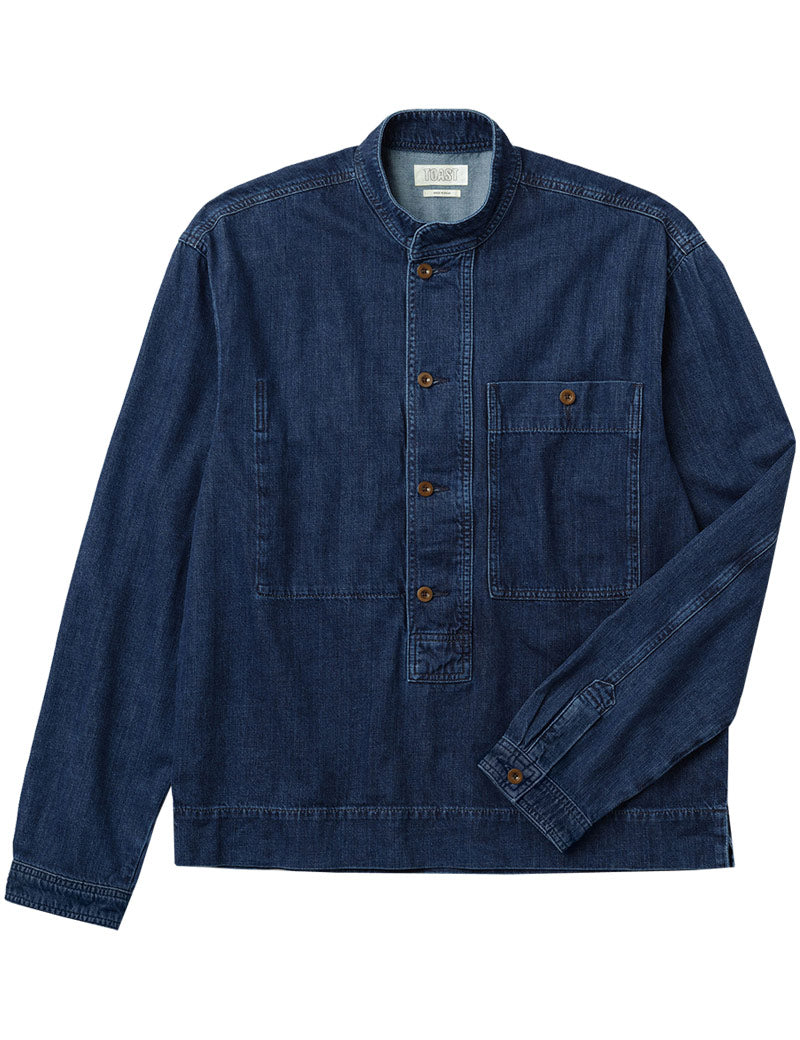 Toast Grandad Collar Half Placket Denim Shirt Indigo Front