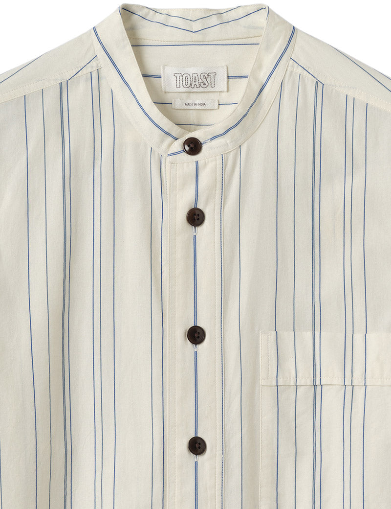 Toast Jasper Irregular Stripe Cotton Shirt Ecru Cobalt Collar Detail