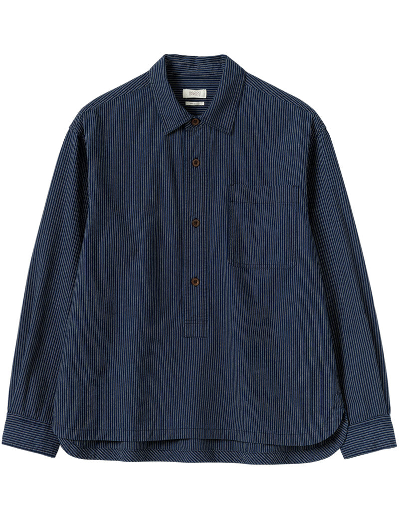 Toast Railroad Stripe Cotton Shirt Denim Blue Front
