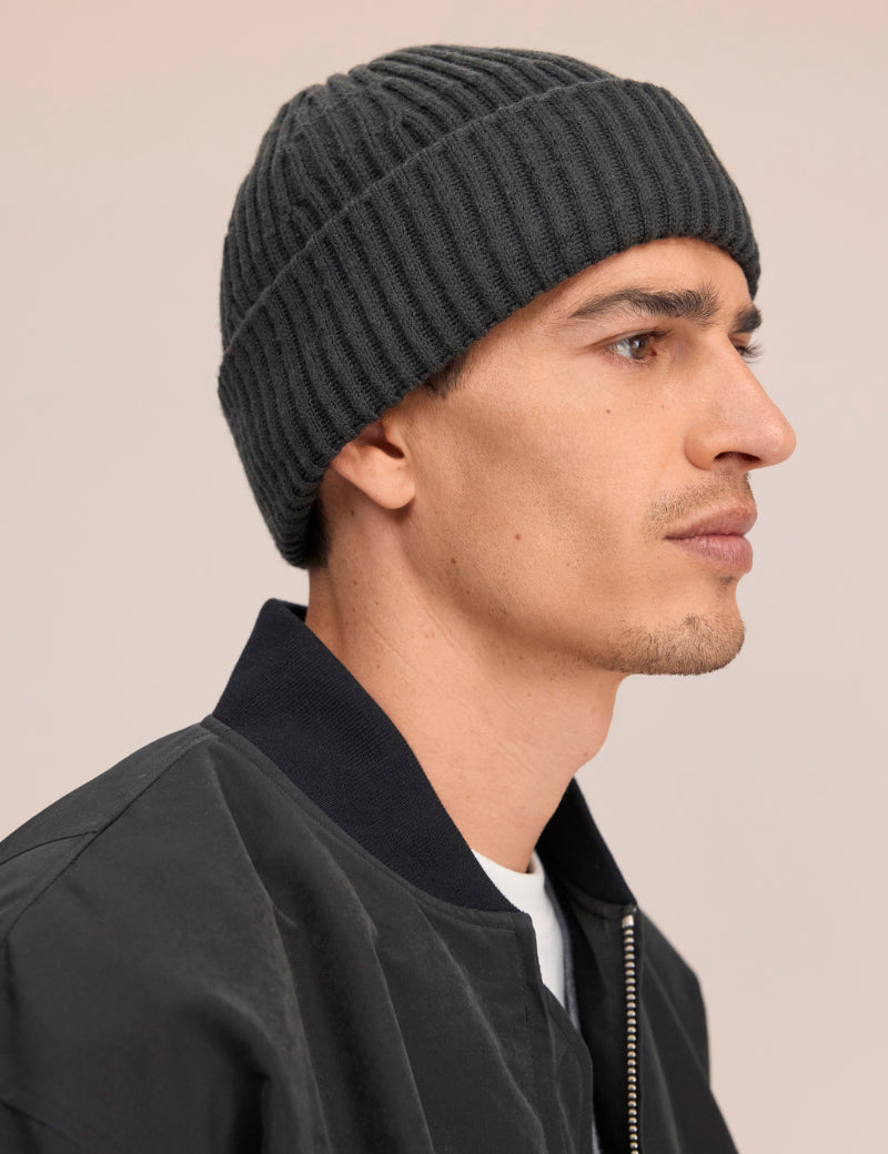 NN07 Rib Wool Blend Beanie Dark Army On Model