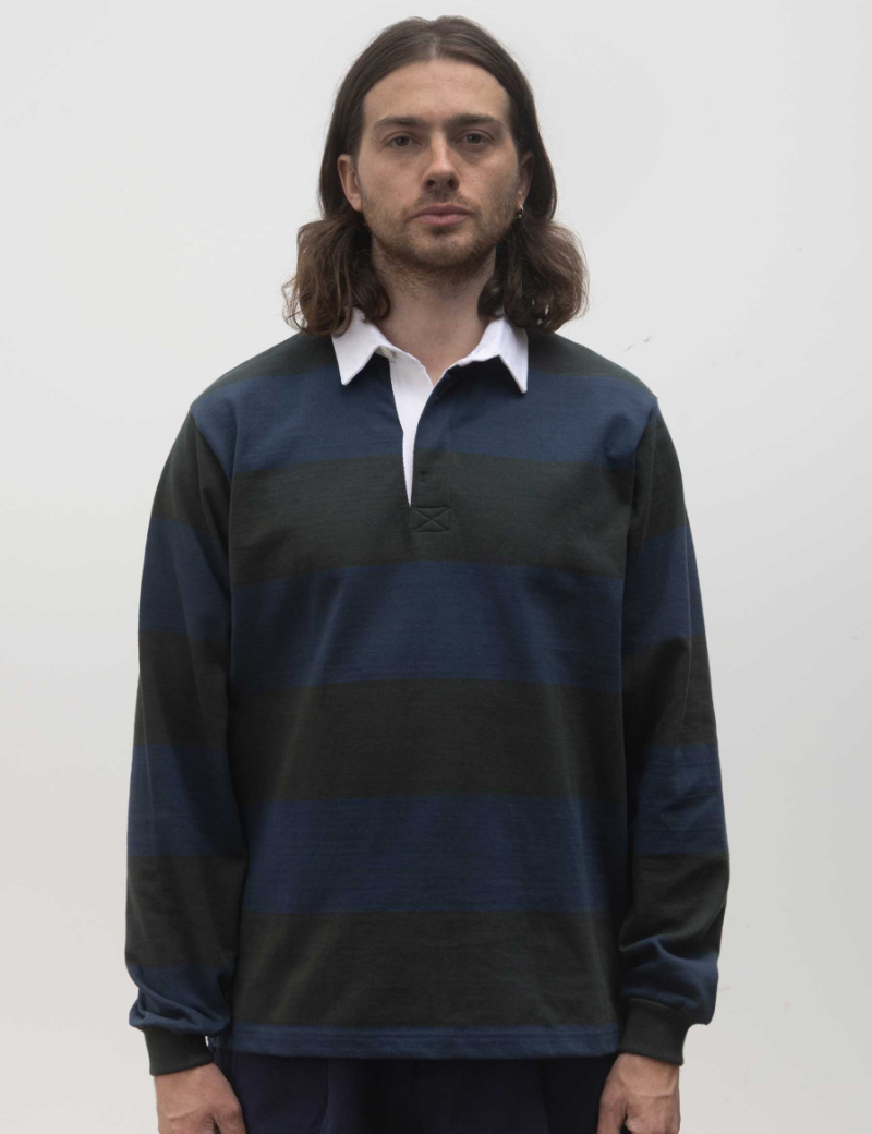 Opensider Classic Rugby Shirt Blue & Green Wide Stripe On Model