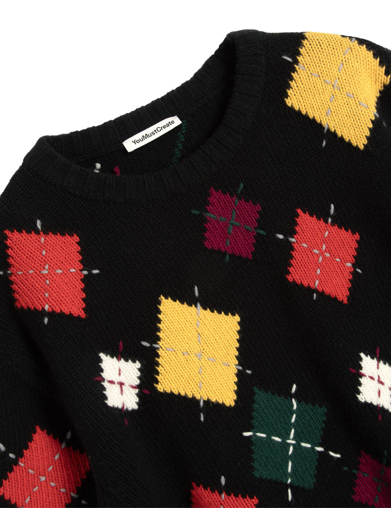 YMC ARGYLE FLINT KNIT JUMPER BLACK