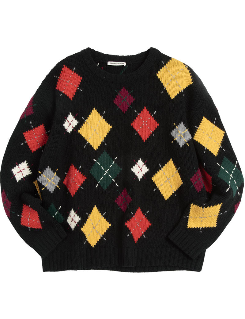 YMC ARGYLE FLINT KNIT JUMPER BLACK