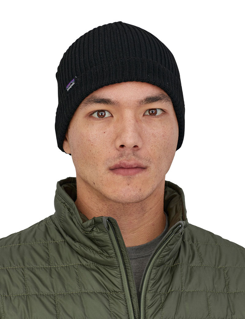 Patagonia Fisherman Rolled Beanie Black On Model Front