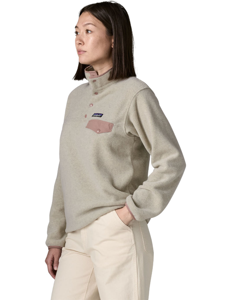 Patagonia Womens's Lightweight Synchilla Snap-T Fleece Pullover Oatmeal Heather & Moonrise Taupe On Model