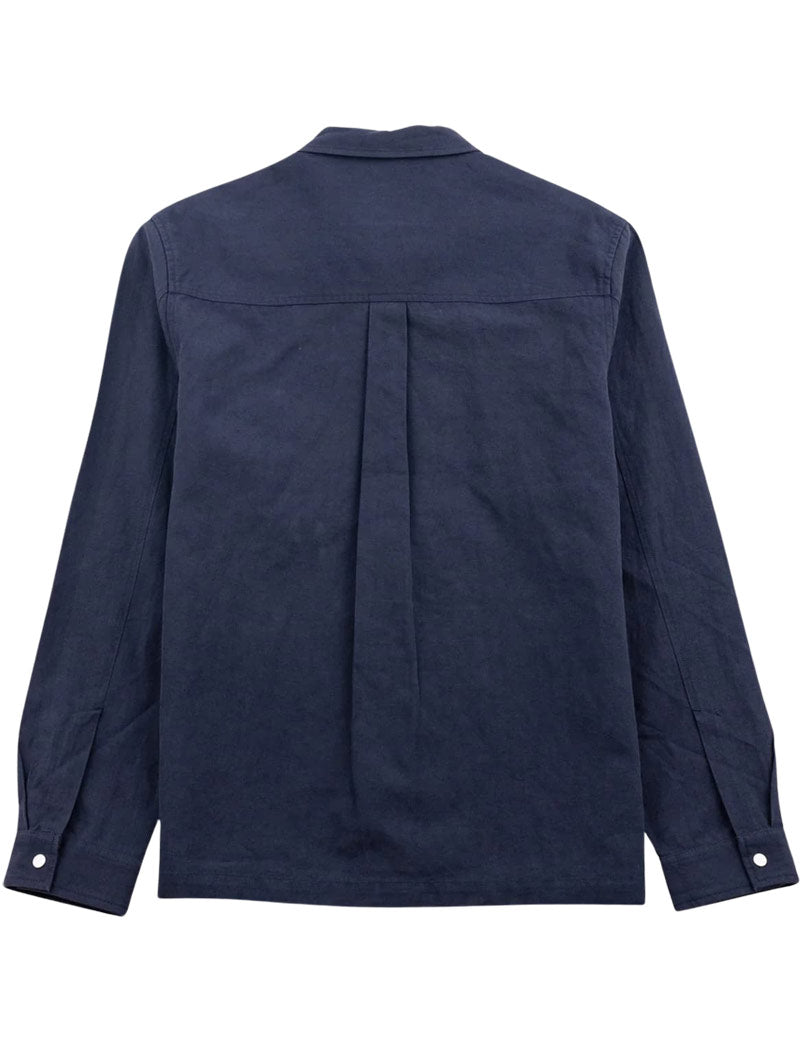 Folk Patch Overshirt Dark Navy Slub Linen Back View