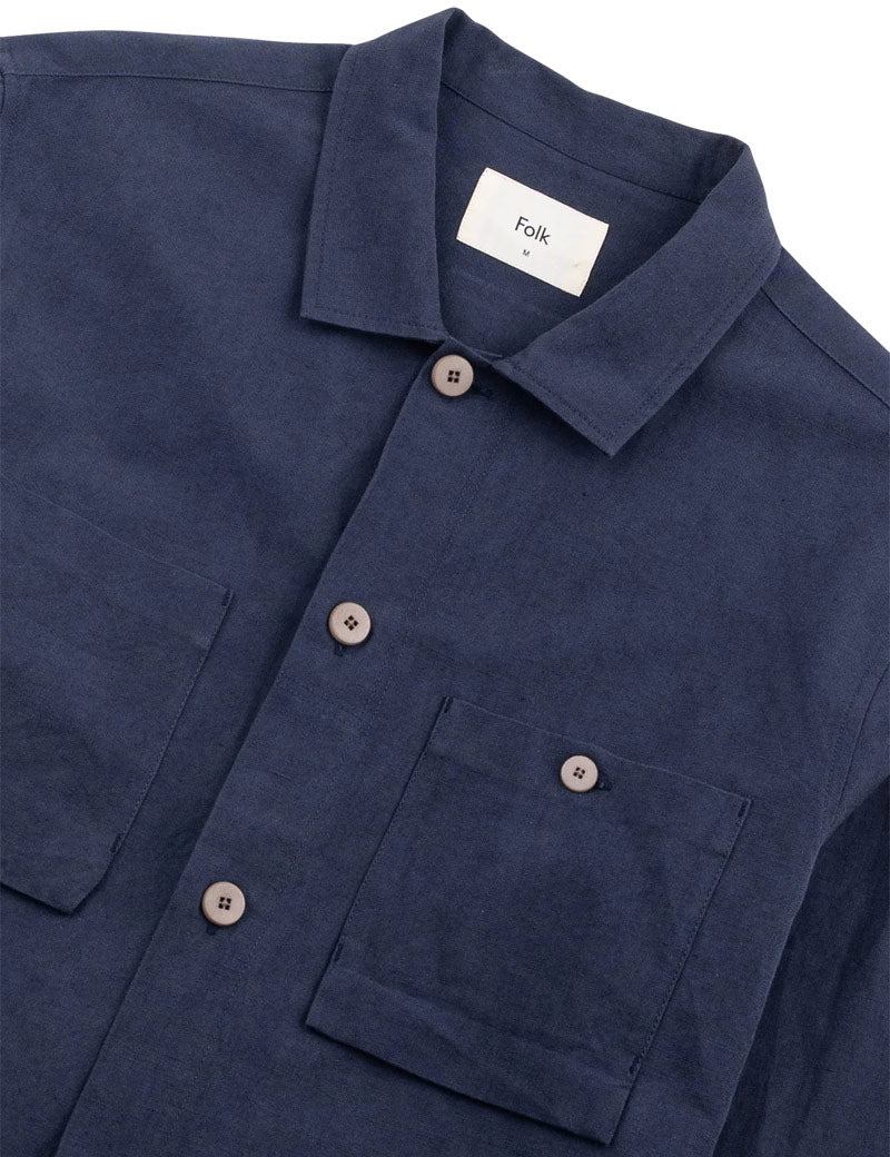 Folk Patch Overshirt Dark Navy Slub Linen Collar Detail