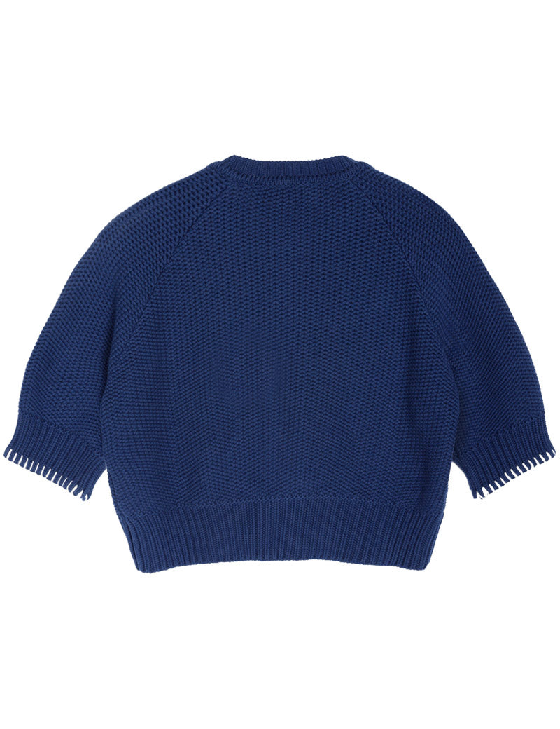 YMC Kwai Cardigan Hand Blanket Stitch Blue Back View