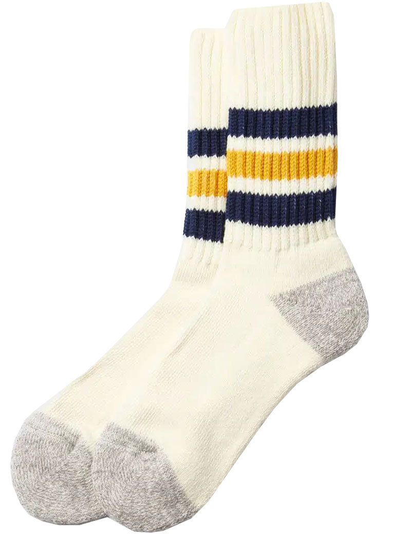 Rototo Coarse Ribbed Old School Crew Socks R1255 Navy Yellow