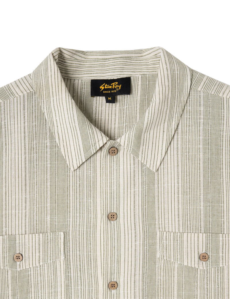 Stan Ray Mexicali Short Sleeve Shirt Green Stripe Collar and pocket detail